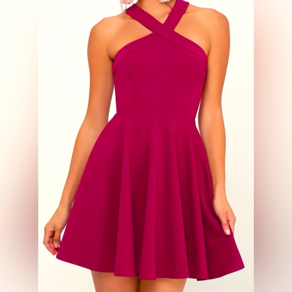 Lulu’s - Magenta Skater Halter Dress - Size S